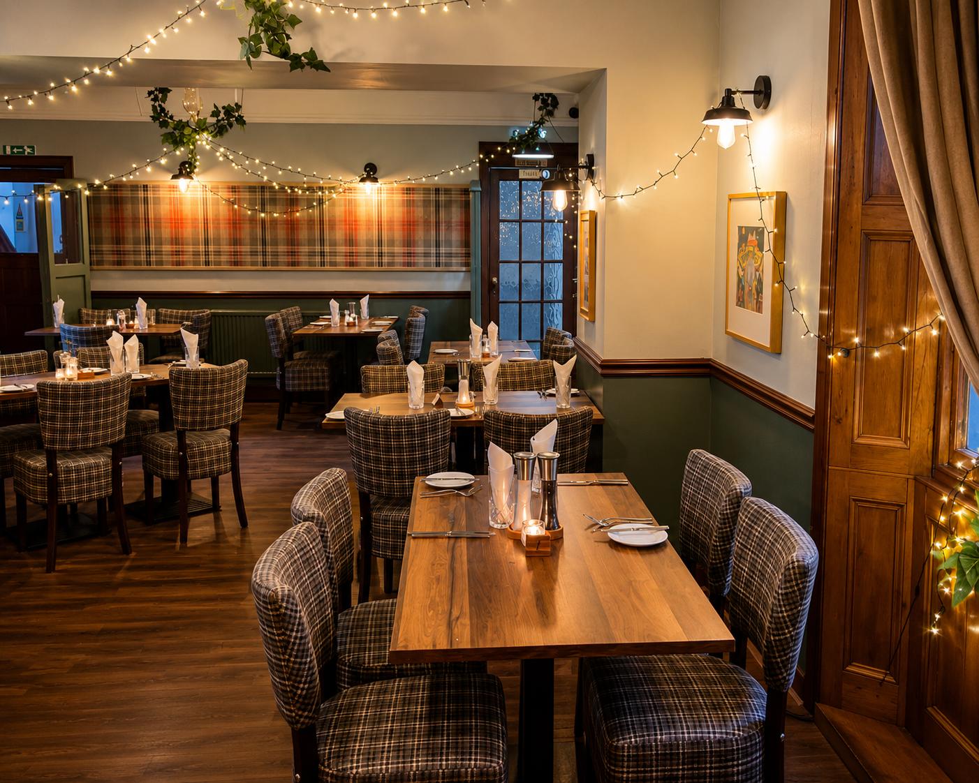 The Gordon Arms restaurant dining room set for guests